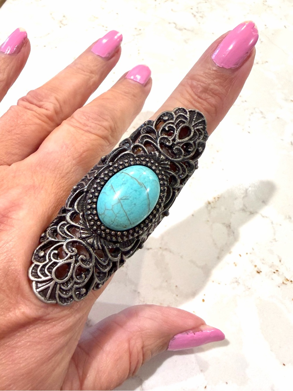 Filigree Turquoise Statement Midi Ring - Women Jewelry SZ 8 Adjustable